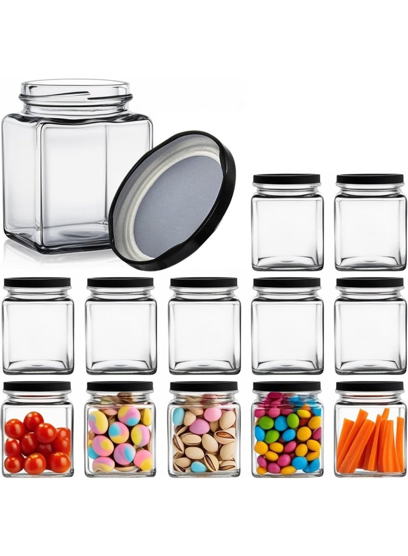 Luxoraq Square Glass Storage Jars with Black Airtight Lids, (Pack of 12) Kitchen Food Storage Containers 9oz/270ml Small Glass Canisters Jars for Jam, Spices, Honey, Jelly, Pudding, Dessert, Herbs, Storage - Image 1